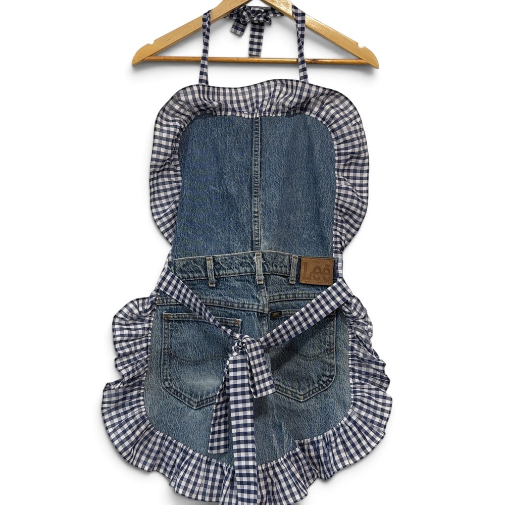 Vintage Lee Custom Handmade Denim Apron Gingham Ruffle Upcycled Blue Jean OS